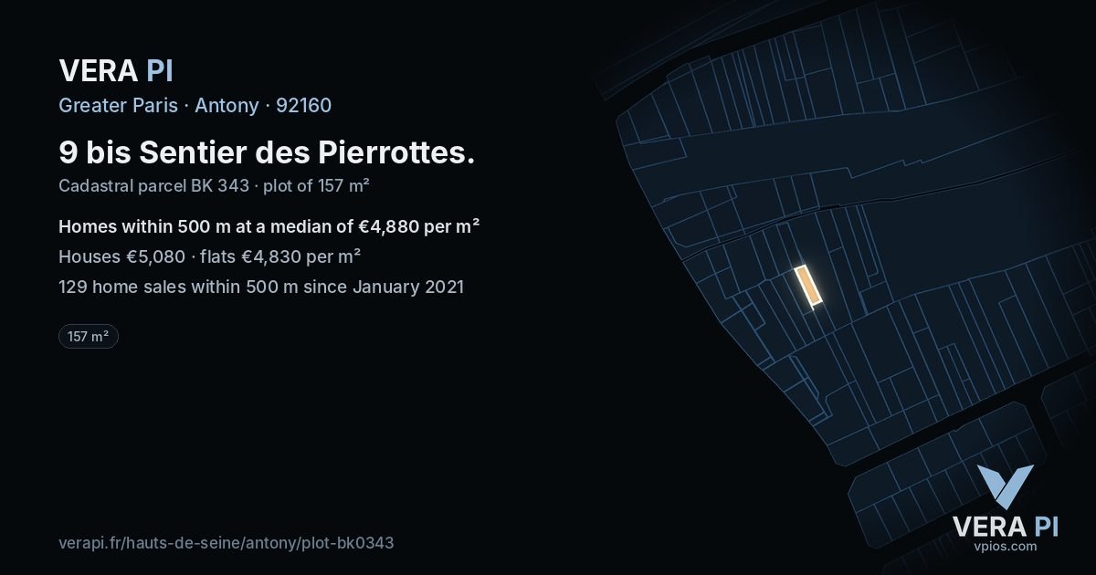 9 bis Sentier des Pierrottes, Antony at night – the plot lit, the parcels around coloured by the prices near them