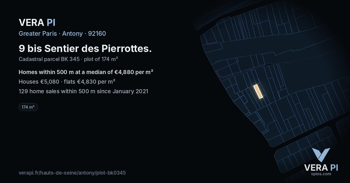 9 bis Sentier des Pierrottes, Antony at night – the plot lit, the parcels around coloured by the prices near them