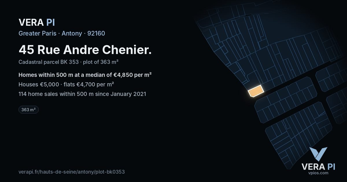 45 Rue Andre Chenier, Antony at night – the plot lit, the parcels around coloured by the prices near them