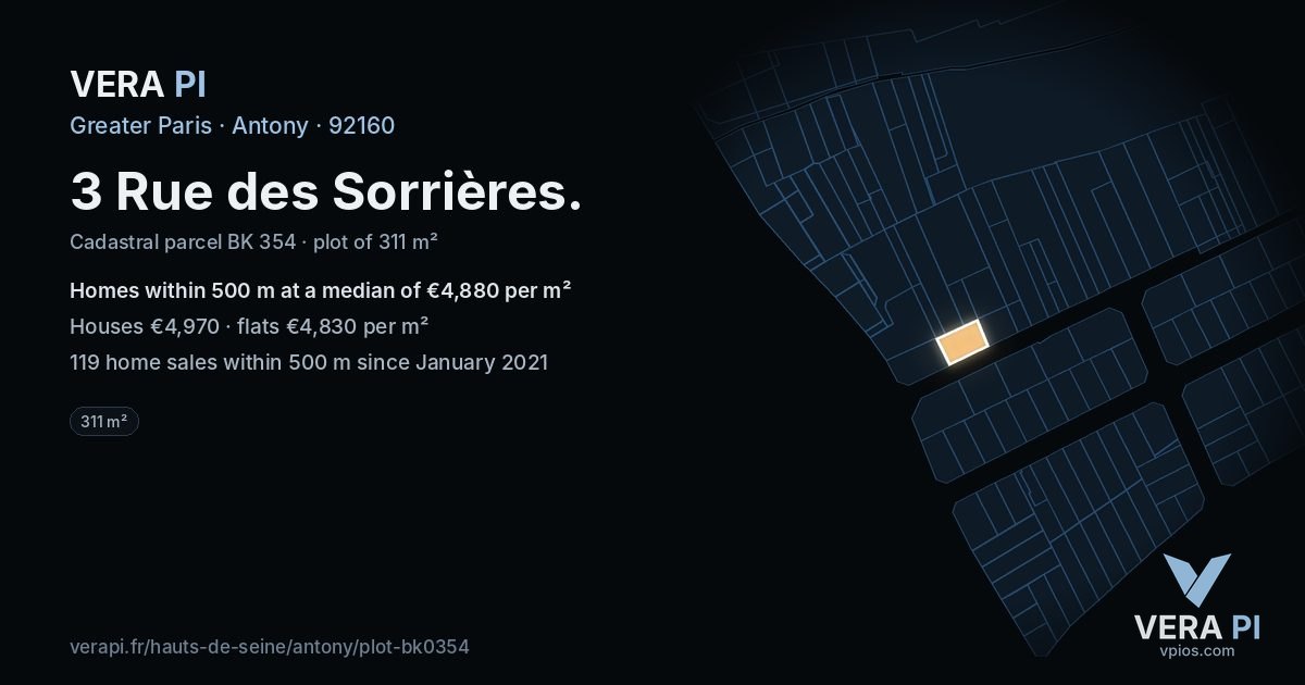 3 Rue des Sorrières, Antony at night – the plot lit, the parcels around coloured by the prices near them