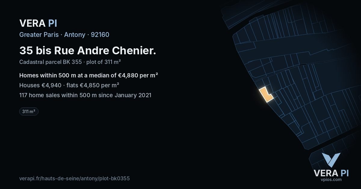 35 bis Rue Andre Chenier, Antony at night – the plot lit, the parcels around coloured by the prices near them