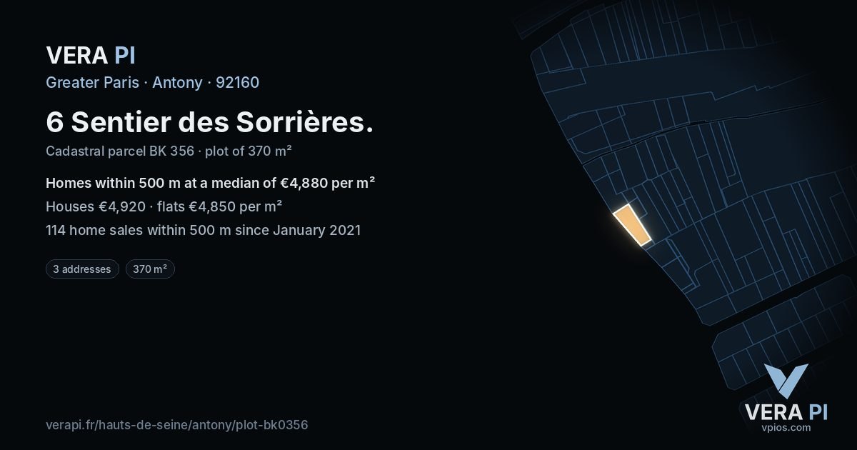6 Sentier des Sorrières, Antony at night – the plot lit, the parcels around coloured by the prices near them