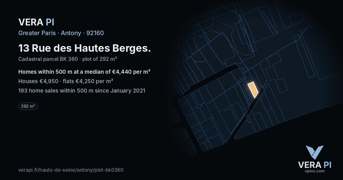13 Rue des Hautes Berges, Antony at night – the plot lit, the parcels around coloured by the prices near them