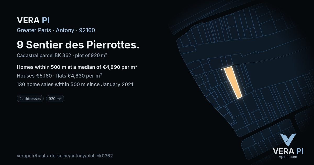 9 Sentier des Pierrottes, Antony at night – the plot lit, the parcels around coloured by the prices near them