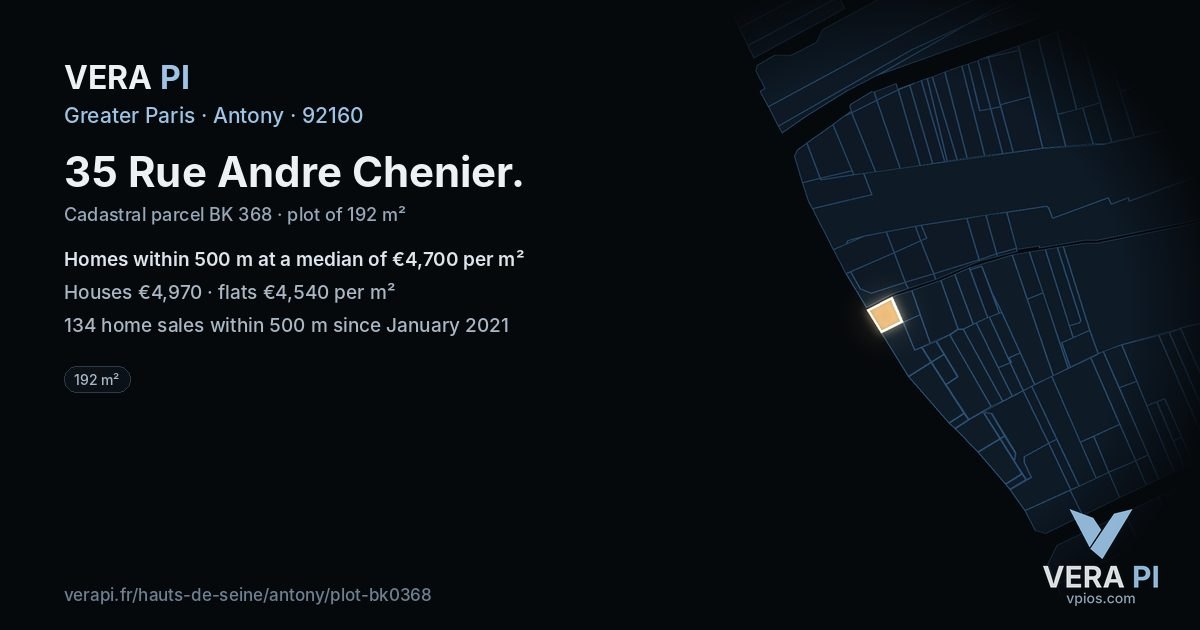 35 Rue Andre Chenier, Antony at night – the plot lit, the parcels around coloured by the prices near them