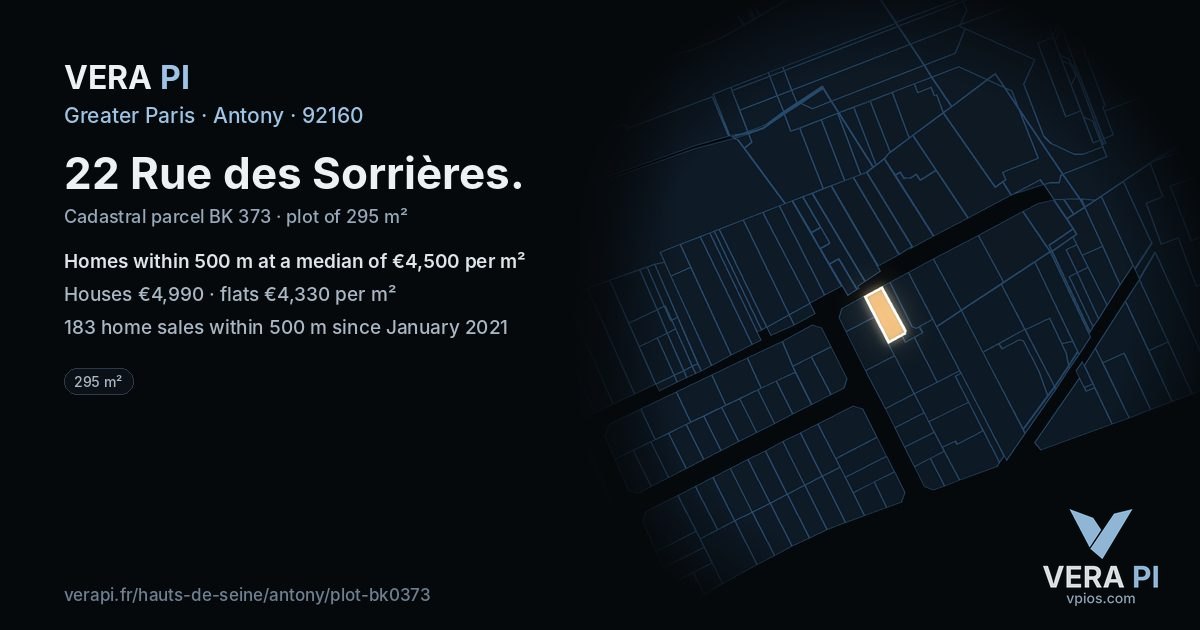 22 Rue des Sorrières, Antony at night – the plot lit, the parcels around coloured by the prices near them