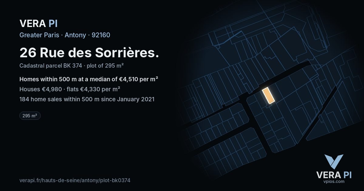 26 Rue des Sorrières, Antony at night – the plot lit, the parcels around coloured by the prices near them
