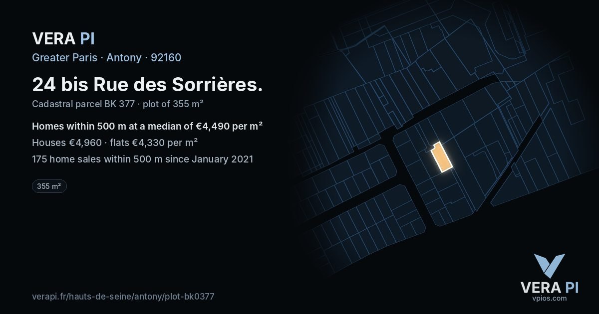 24 bis Rue des Sorrières, Antony at night – the plot lit, the parcels around coloured by the prices near them