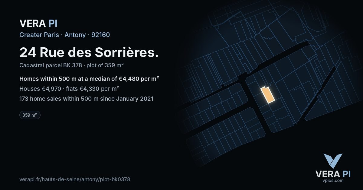 24 Rue des Sorrières, Antony at night – the plot lit, the parcels around coloured by the prices near them