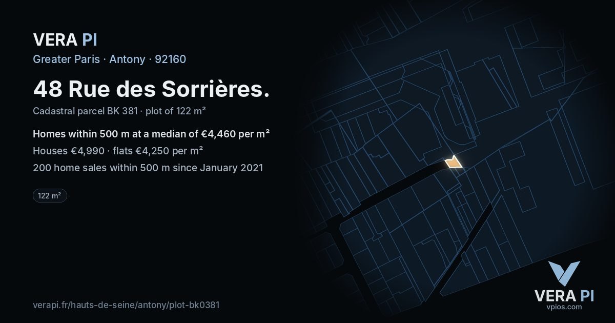 48 Rue des Sorrières, Antony at night – the plot lit, the parcels around coloured by the prices near them