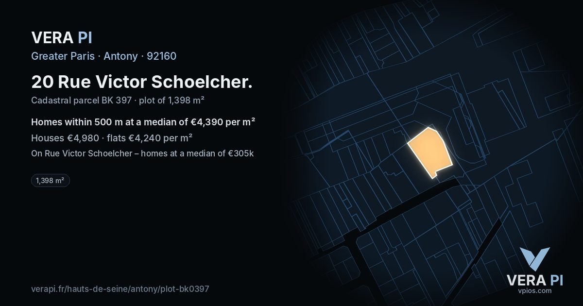 20 Rue Victor Schoelcher, Antony at night – the plot lit, the parcels around coloured by the prices near them