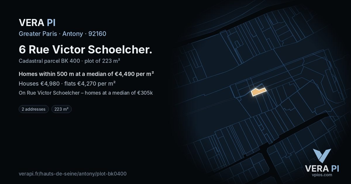 6 Rue Victor Schoelcher, Antony at night – the plot lit, the parcels around coloured by the prices near them