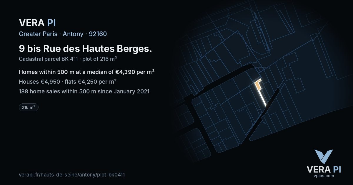 9 bis Rue des Hautes Berges, Antony at night – the plot lit, the parcels around coloured by the prices near them