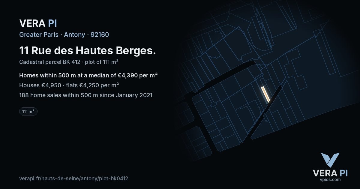 11 Rue des Hautes Berges, Antony at night – the plot lit, the parcels around coloured by the prices near them