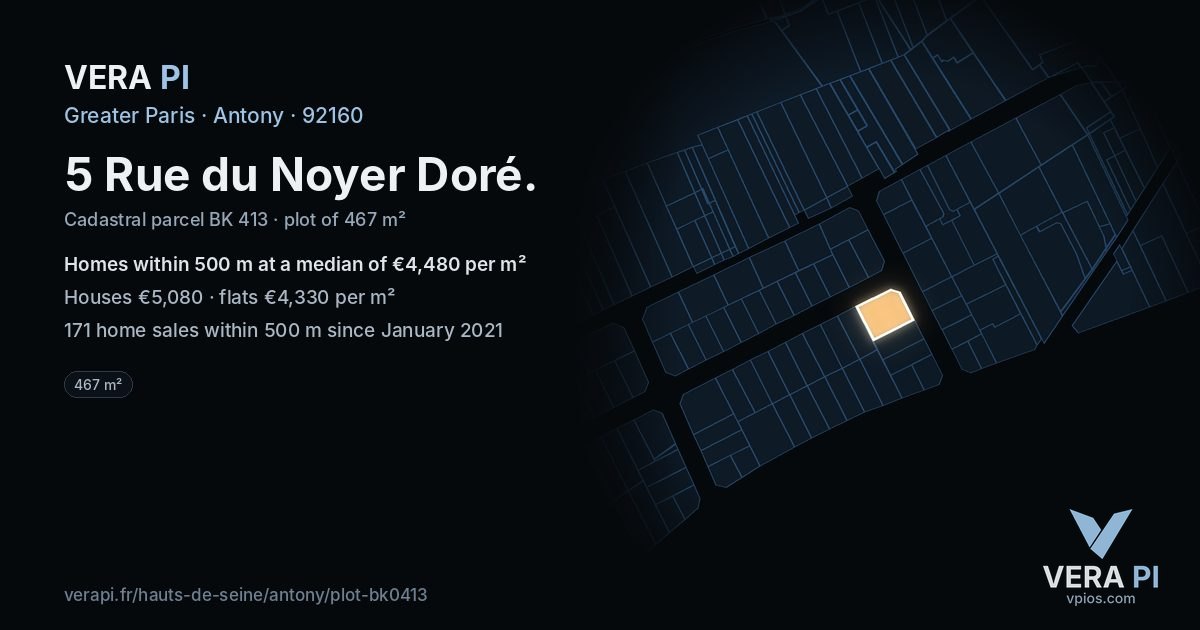 5 Rue du Noyer Doré, Antony at night – the plot lit, the parcels around coloured by the prices near them