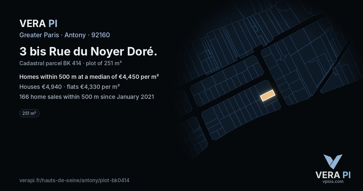 3 bis Rue du Noyer Doré, Antony at night – the plot lit, the parcels around coloured by the prices near them