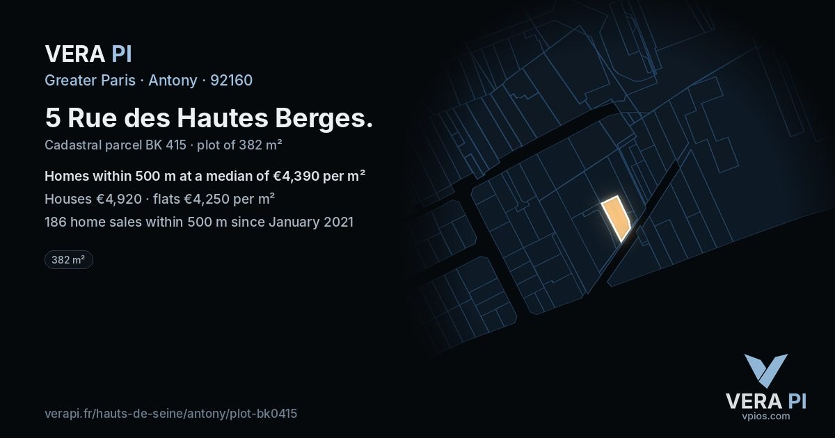 5 Rue des Hautes Berges, Antony at night – the plot lit, the parcels around coloured by the prices near them