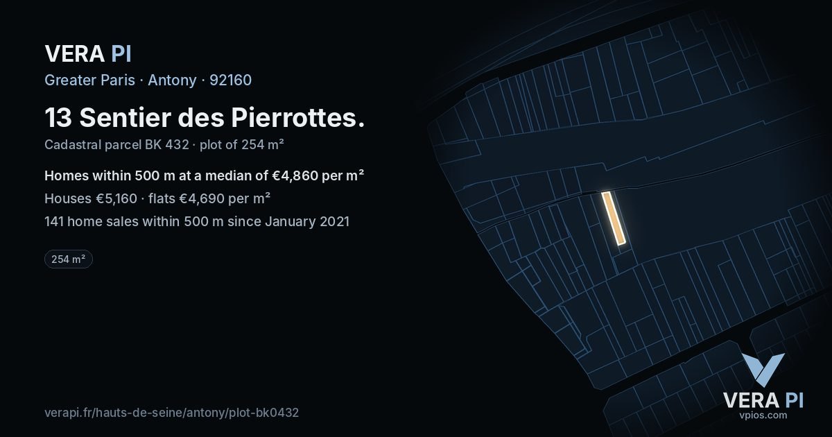 13 Sentier des Pierrottes, Antony at night – the plot lit, the parcels around coloured by the prices near them