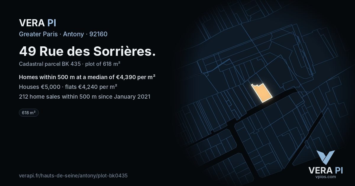 49 Rue des Sorrières, Antony at night – the plot lit, the parcels around coloured by the prices near them