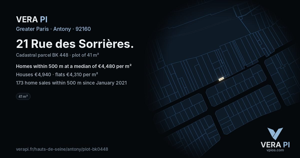 21 Rue des Sorrières, Antony at night – the plot lit, the parcels around coloured by the prices near them