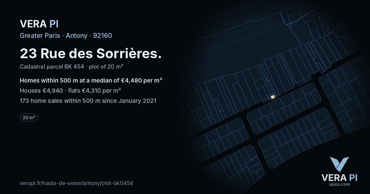 23 Rue des Sorrières, Antony at night – the plot lit, the parcels around coloured by the prices near them