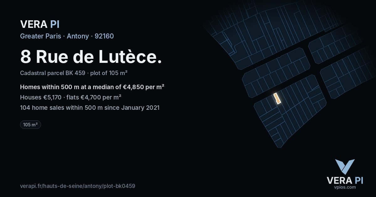 8 Rue de Lutèce, Antony at night – the plot lit, the parcels around coloured by the prices near them