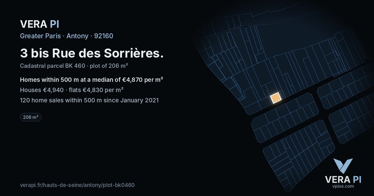 3 bis Rue des Sorrières, Antony at night – the plot lit, the parcels around coloured by the prices near them