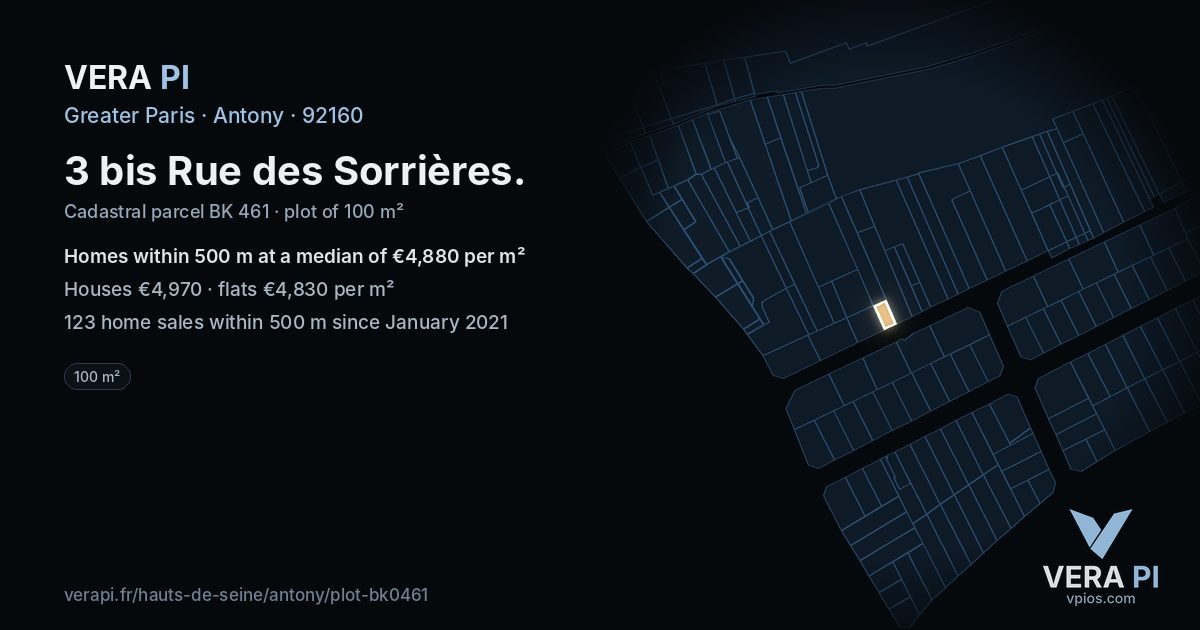 3 bis Rue des Sorrières, Antony at night – the plot lit, the parcels around coloured by the prices near them
