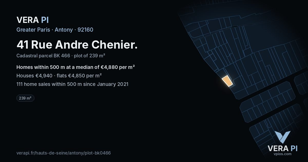 41 Rue Andre Chenier, Antony at night – the plot lit, the parcels around coloured by the prices near them