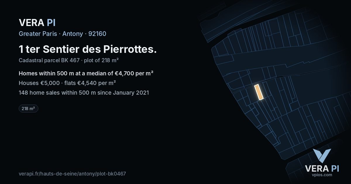 1 ter Sentier des Pierrottes, Antony at night – the plot lit, the parcels around coloured by the prices near them