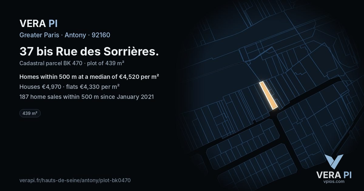 37 bis Rue des Sorrières, Antony at night – the plot lit, the parcels around coloured by the prices near them
