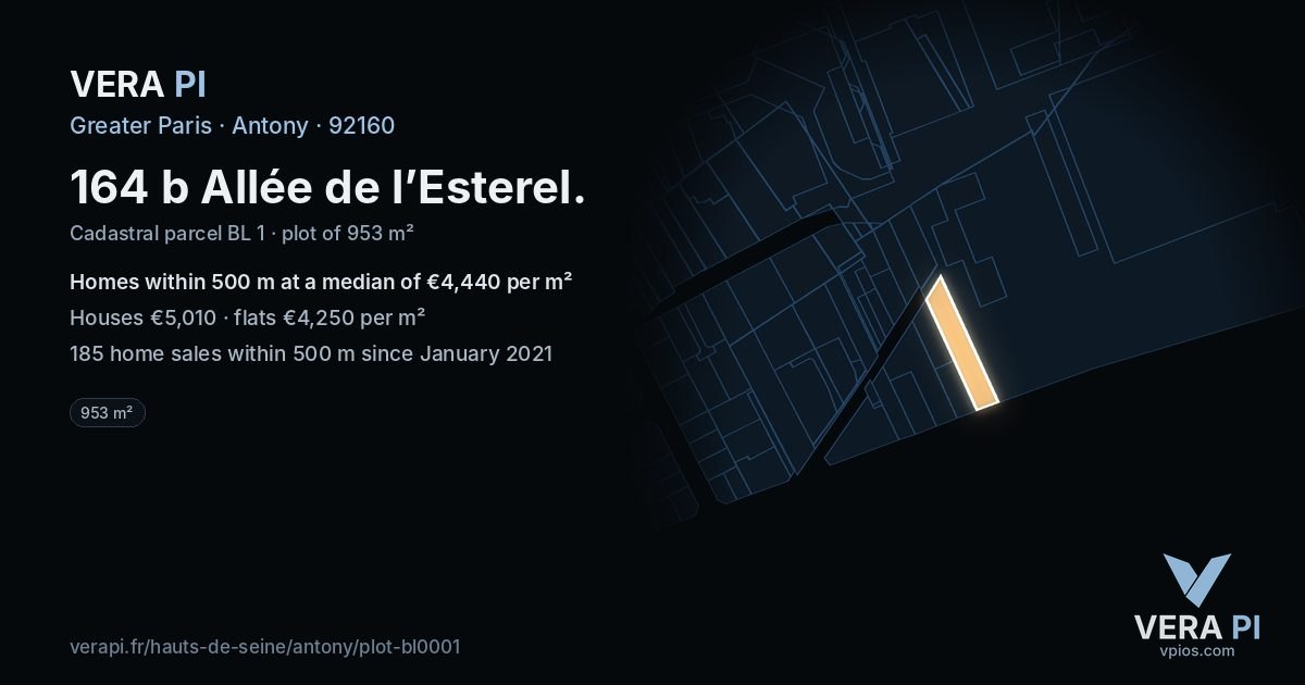 164 b Allée de l’Esterel, Antony at night – the plot lit, the parcels around coloured by the prices near them