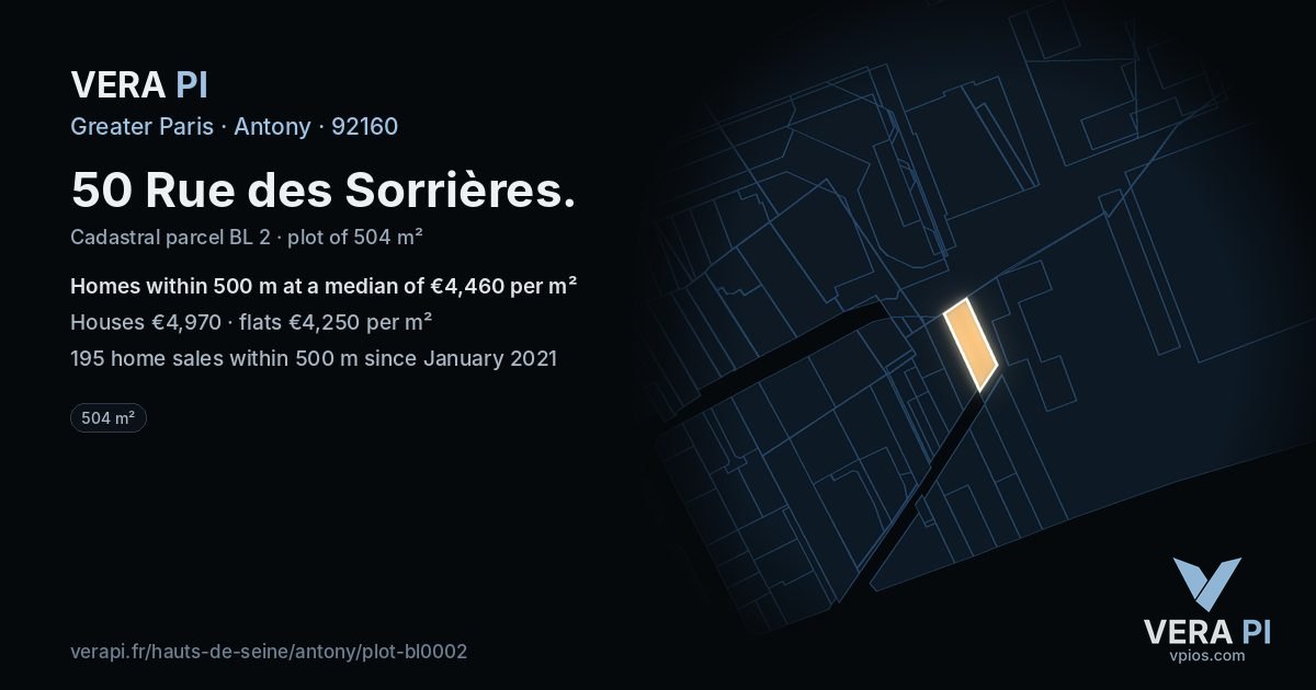 50 Rue des Sorrières, Antony at night – the plot lit, the parcels around coloured by the prices near them