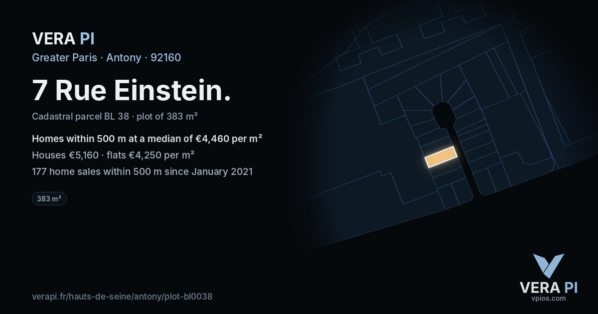 7 Rue Einstein, Antony at night – the plot lit, the parcels around coloured by the prices near them