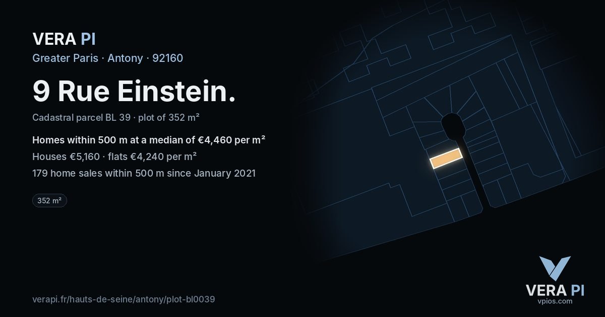 9 Rue Einstein, Antony at night – the plot lit, the parcels around coloured by the prices near them
