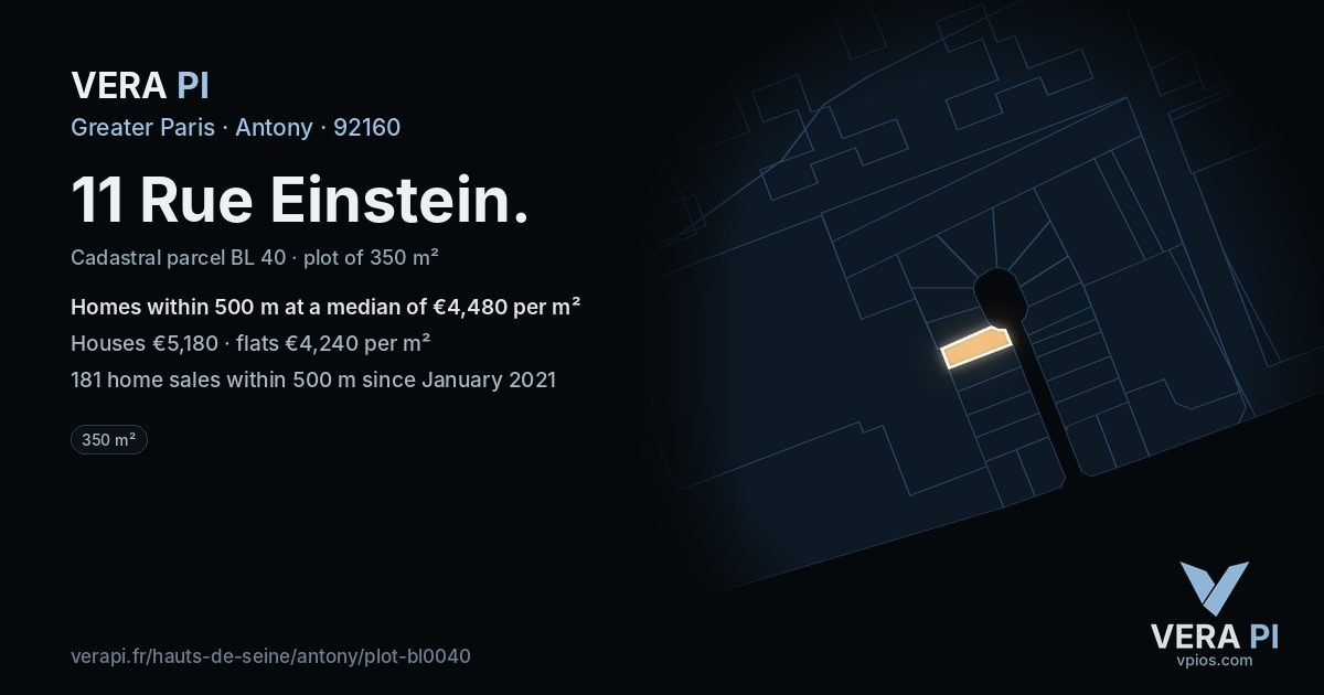 11 Rue Einstein, Antony at night – the plot lit, the parcels around coloured by the prices near them