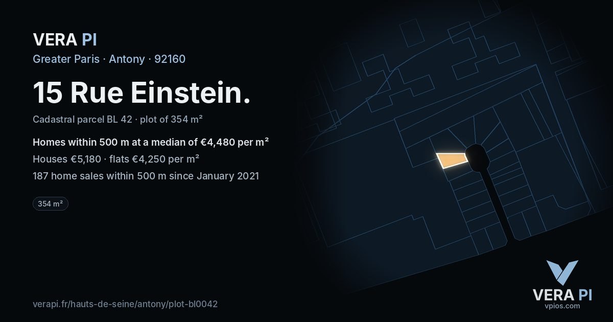 15 Rue Einstein, Antony at night – the plot lit, the parcels around coloured by the prices near them