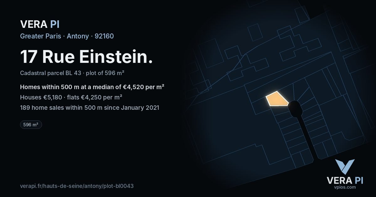17 Rue Einstein, Antony at night – the plot lit, the parcels around coloured by the prices near them