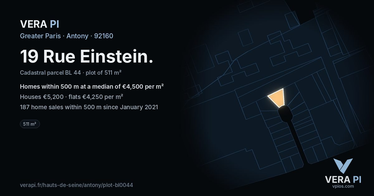 19 Rue Einstein, Antony at night – the plot lit, the parcels around coloured by the prices near them