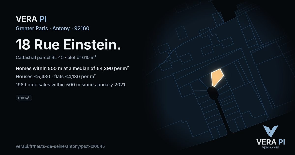 18 Rue Einstein, Antony at night – the plot lit, the parcels around coloured by the prices near them