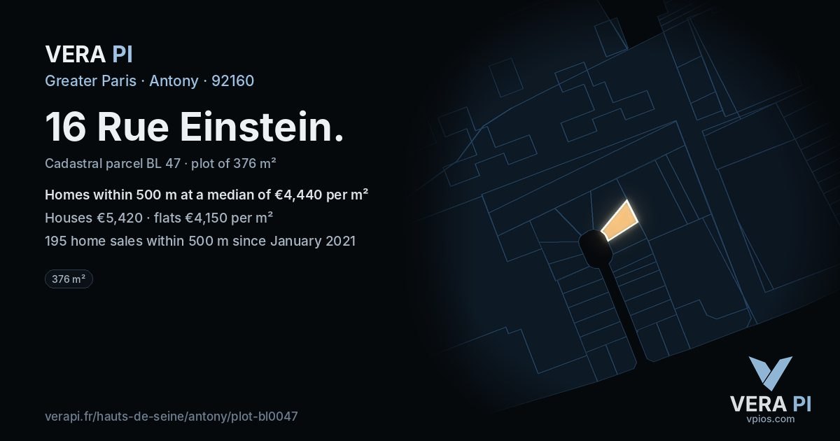 16 Rue Einstein, Antony at night – the plot lit, the parcels around coloured by the prices near them