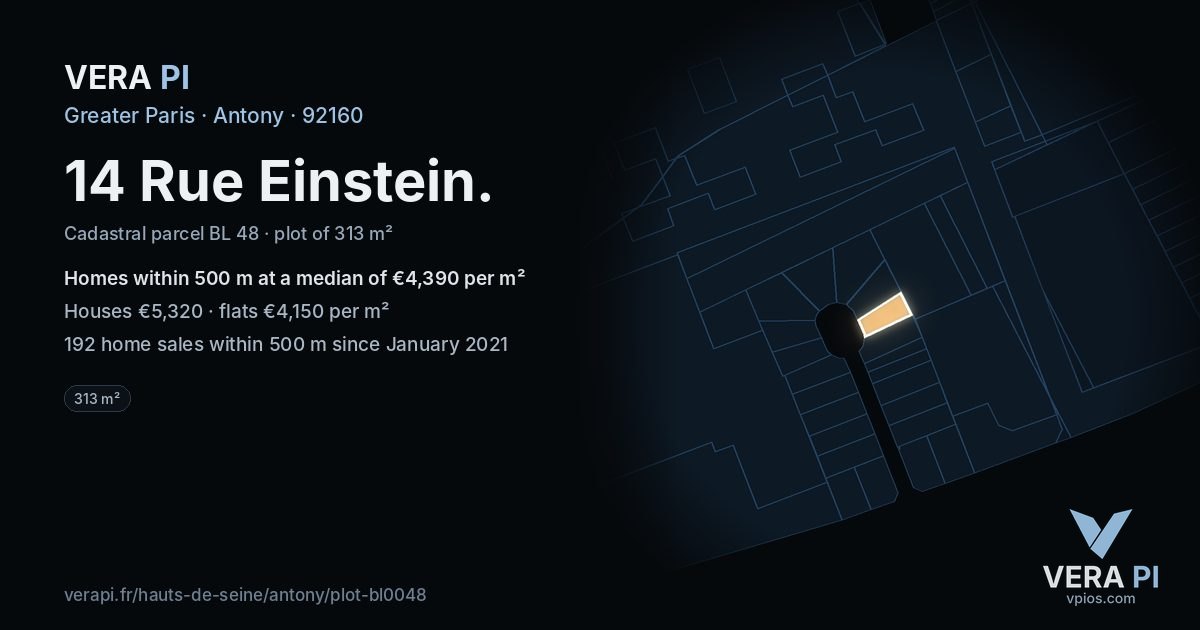 14 Rue Einstein, Antony at night – the plot lit, the parcels around coloured by the prices near them