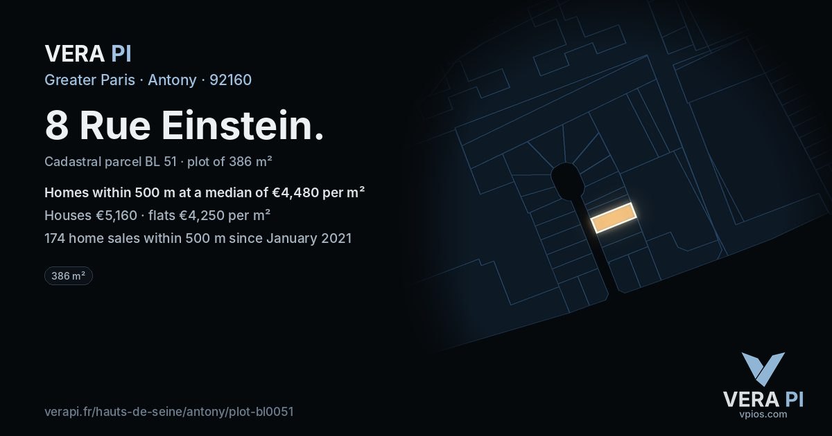8 Rue Einstein, Antony at night – the plot lit, the parcels around coloured by the prices near them