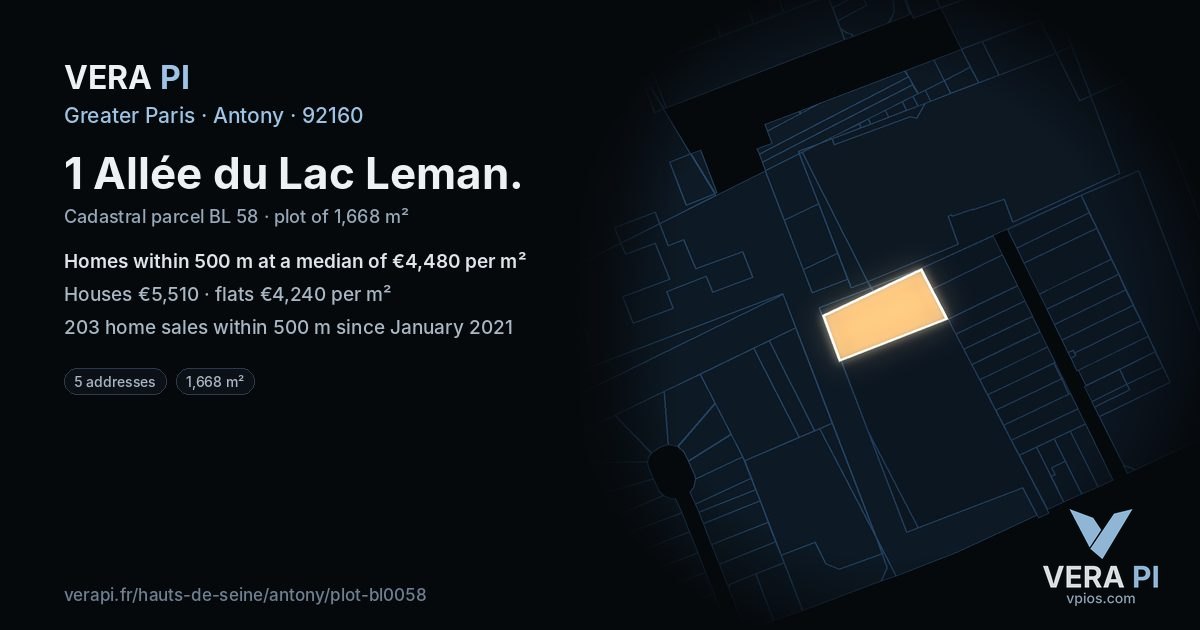 1 Allée du Lac Leman, Antony at night – the plot lit, the parcels around coloured by the prices near them