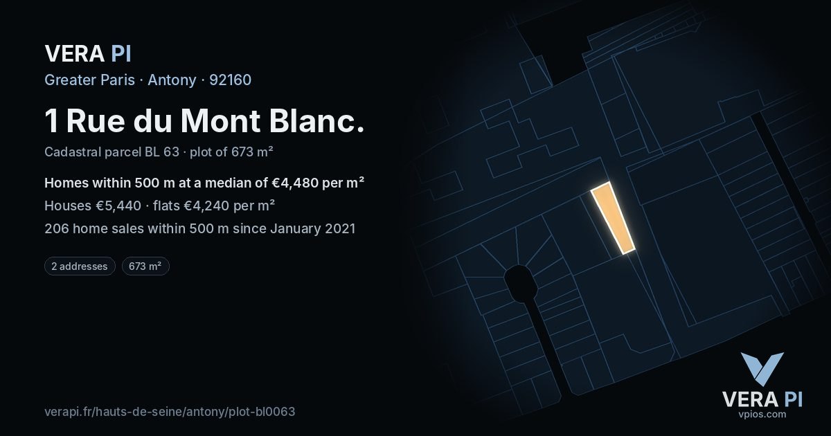 1 Rue du Mont Blanc, Antony at night – the plot lit, the parcels around coloured by the prices near them