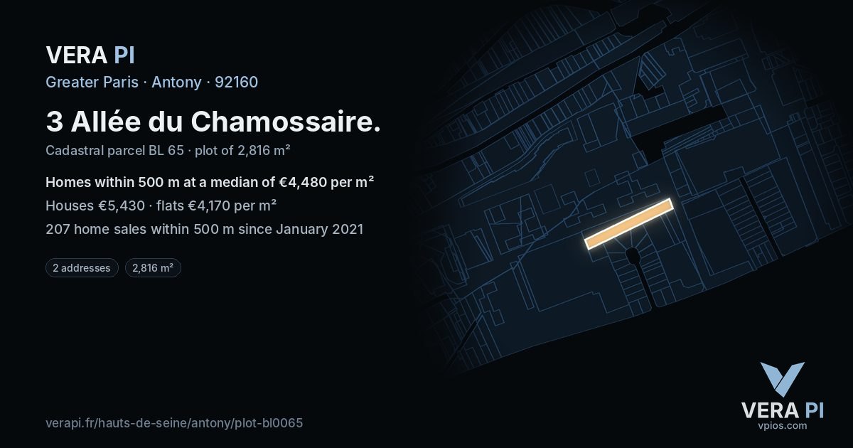3 Allée du Chamossaire, Antony at night – the plot lit, the parcels around coloured by the prices near them