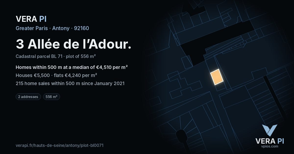3 Allée de l’Adour, Antony at night – the plot lit, the parcels around coloured by the prices near them