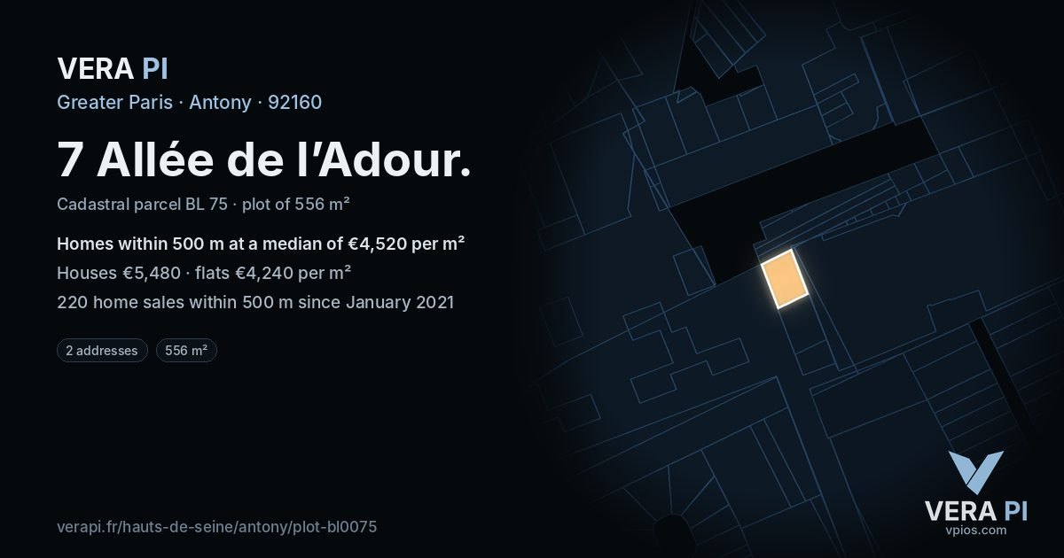 7 Allée de l’Adour, Antony at night – the plot lit, the parcels around coloured by the prices near them