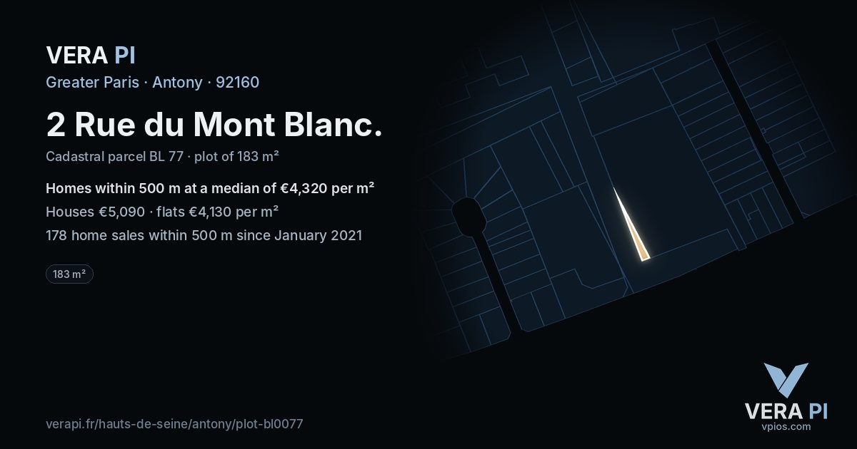 2 Rue du Mont Blanc, Antony at night – the plot lit, the parcels around coloured by the prices near them