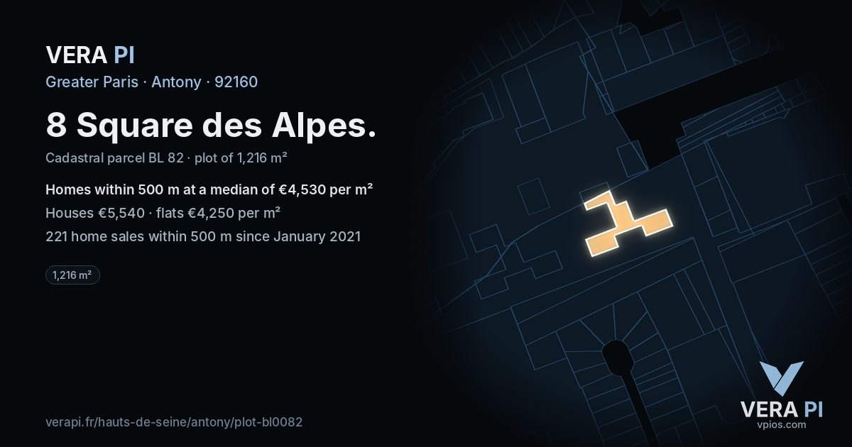 8 Square des Alpes, Antony at night – the plot lit, the parcels around coloured by the prices near them